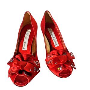 Christian Lacroix High Heel Peep-Toe Shoes with Bow and Rhinestones